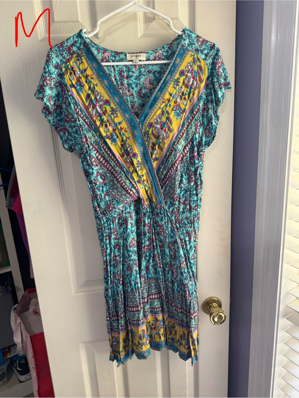 Umgee Teal Floral Wrap Dress with Yellow Accents